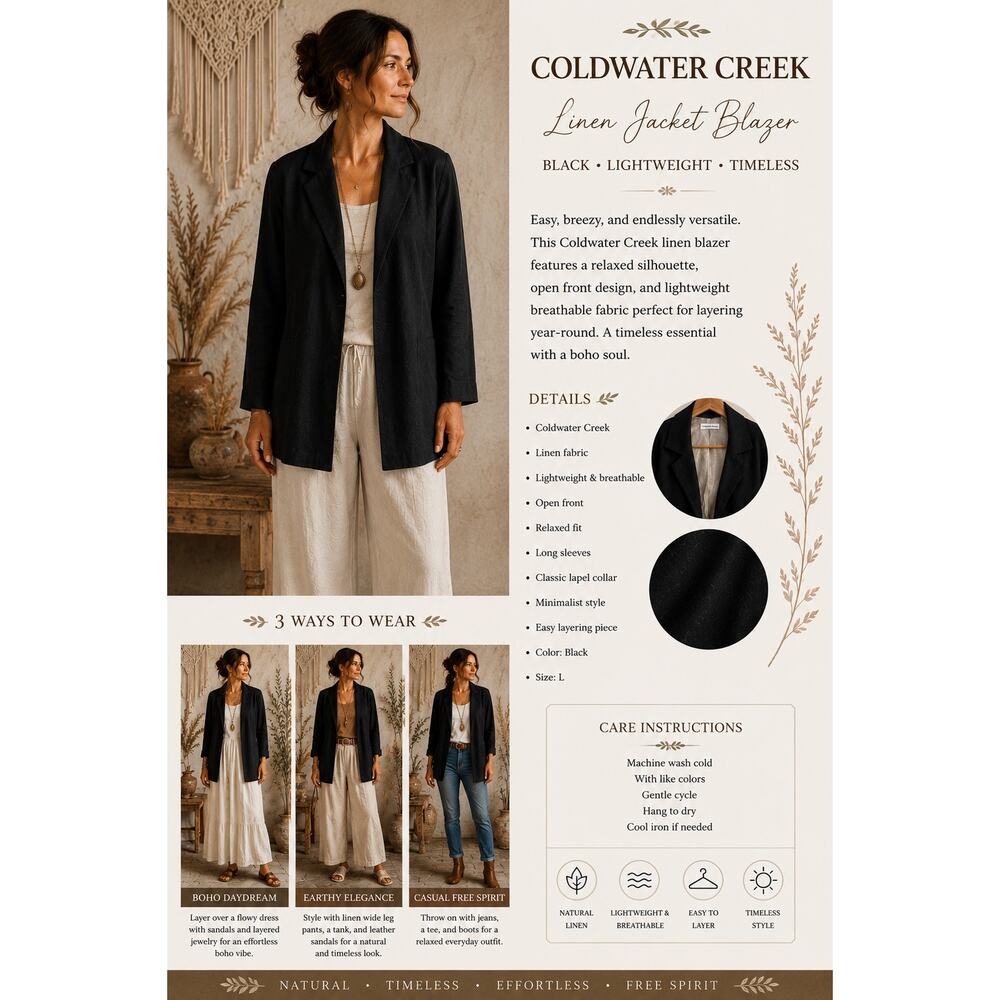 Coldwater Creek Black Linen Blazer Jacket Lightweight Minimalist SZL Relaxed